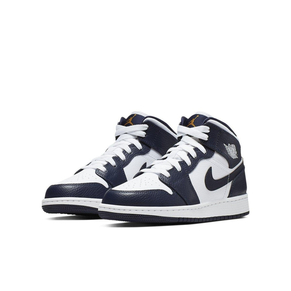 Air Jordan 1 Mid in White and Navy with Metallic Gold accents, featuring premium leather and classic design.