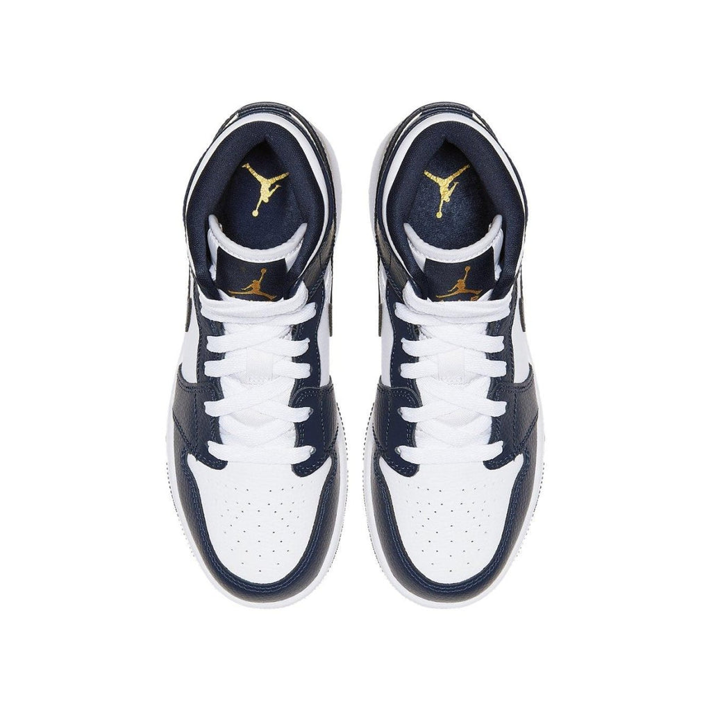 Air Jordan 1 Mid White Metallic Gold Obsidian shoes, featuring navy and white premium leather design.