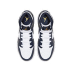 Air Jordan 1 Mid White Metallic Gold Obsidian shoes, featuring navy and white premium leather design.