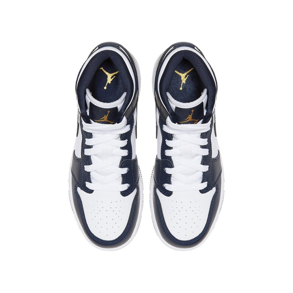 Air Jordan 1 Mid White Metallic Gold Obsidian shoes, featuring navy and white premium leather design.