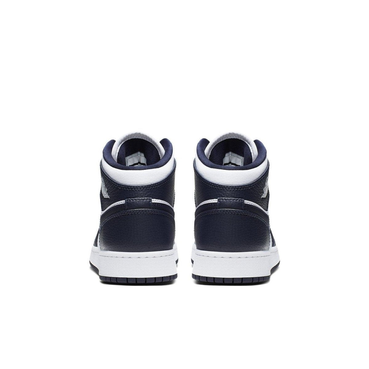 Back view of Air Jordan 1 Mid White Metallic Gold Obsidian sneakers showing navy blue and white design.