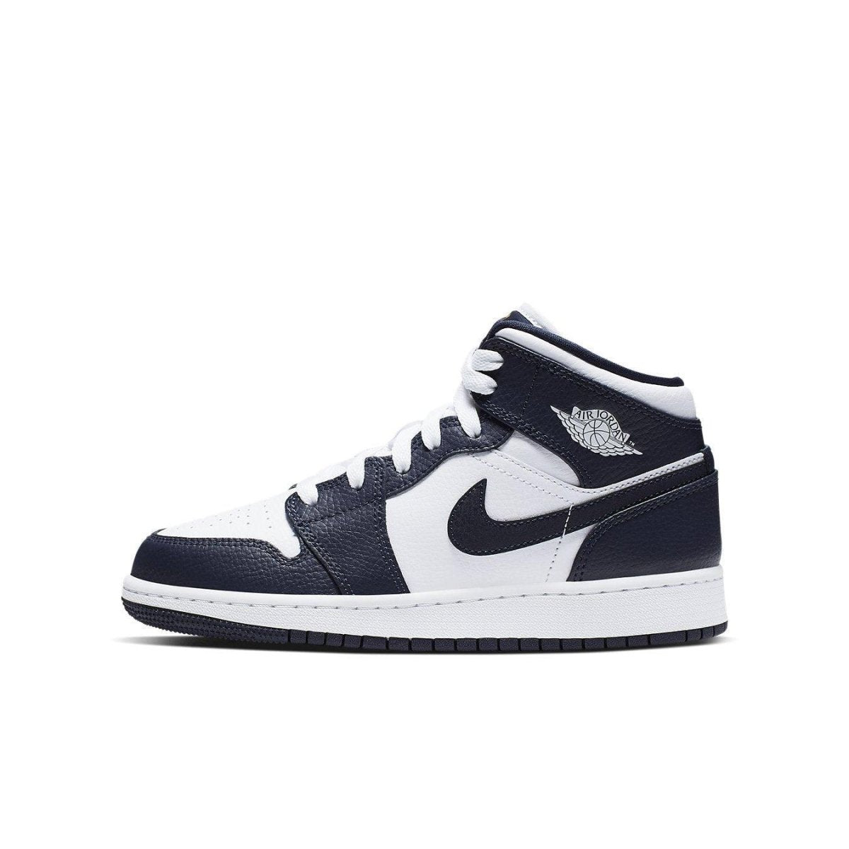 Air Jordan 1 Mid White Metallic Gold Obsidian sneakers in navy blue and white colorway.