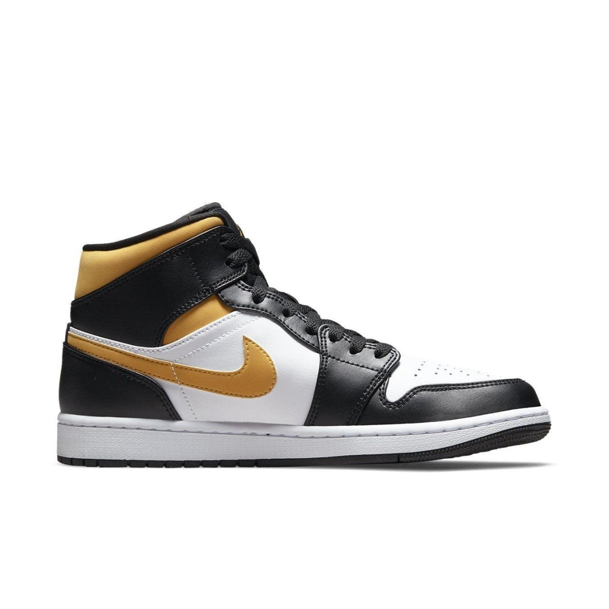 Nike Air Jordan 1 Mid in white, pollen yellow, and black colorway, featuring classic high-top silhouette.