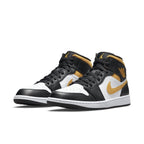 Jordan 1 Mid White Pollen Black sneakers featuring white, black, and gold colorway.