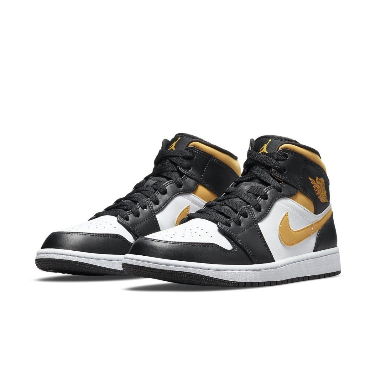 Jordan 1 Mid White Pollen Black sneakers featuring white, black, and gold colorway.