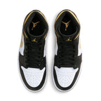 Top view of Jordan 1 Mid White Pollen Black sneakers featuring black and gold accents.