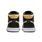 Jordan 1 Mid White Pollen Black sneakers, back view showcasing black and yellow design, ideal for casual wear.