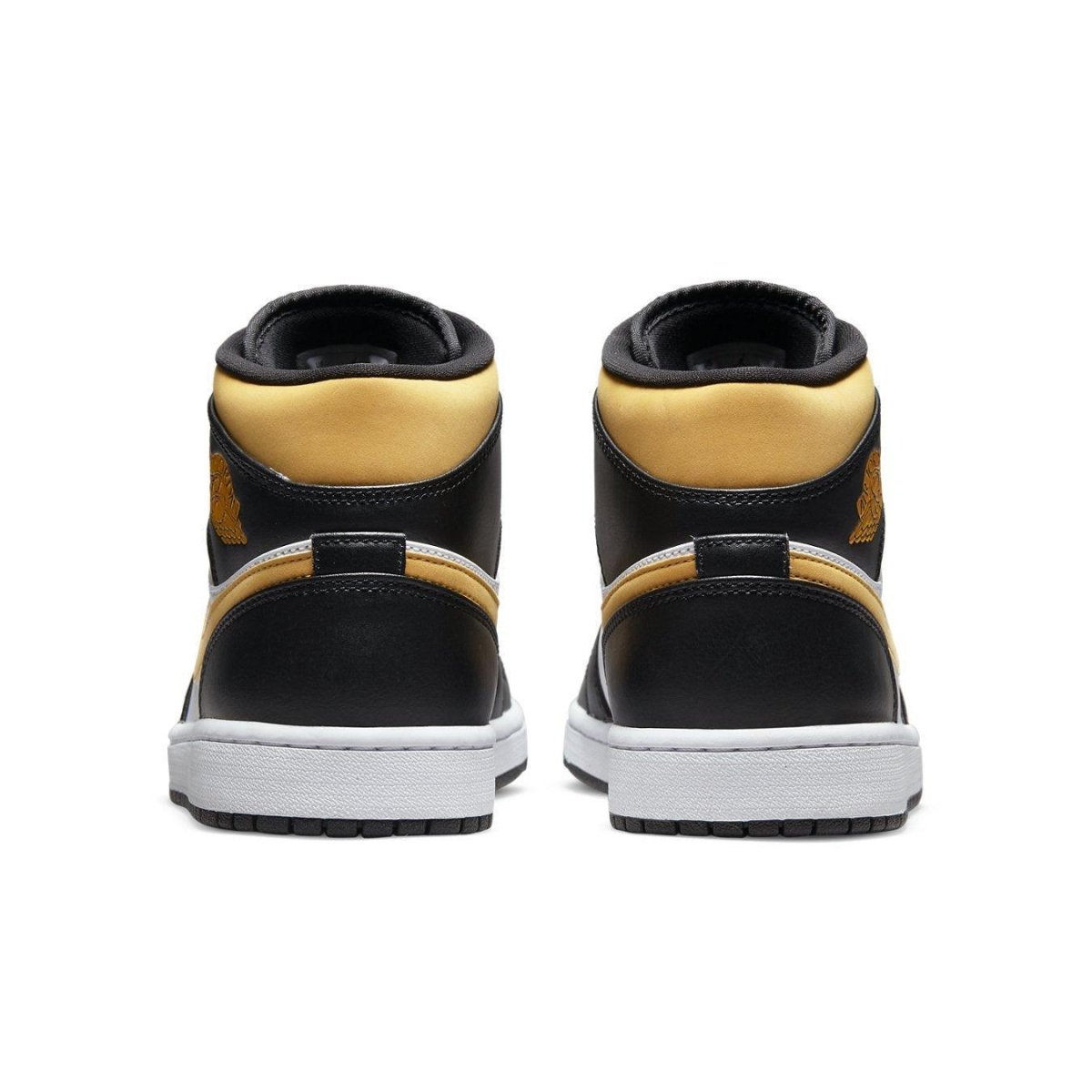 Jordan 1 Mid White Pollen Black sneakers, back view showcasing black and yellow design, ideal for casual wear.