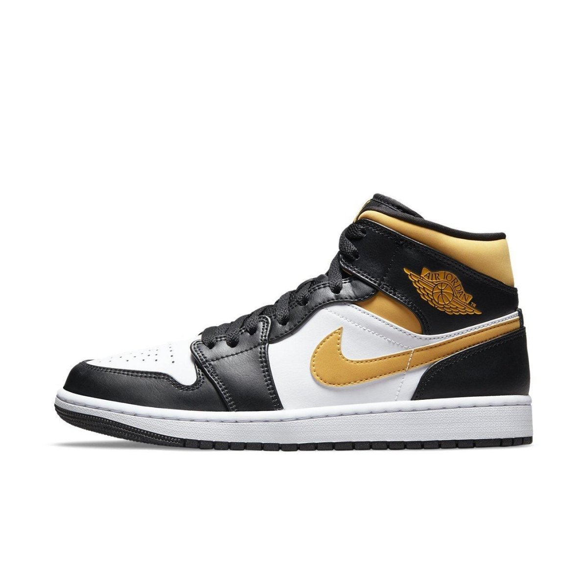 Jordan 1 Mid White Pollen Black sneakers showcasing a sleek design with black, white, and pollen yellow accents.