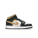 Jordan 1 Mid White Pollen Black (GS) shoes featuring white, black, and yellow design elements.