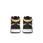 Air Jordan 1 Mid White Pollen Black (GS) sneaker, featuring black and yellow accents from the back view.