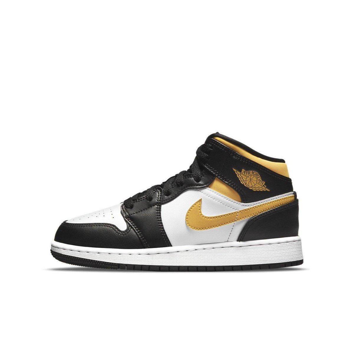 Air Jordan 1 Mid White Pollen Black (GS) featuring black and white leather with gold accents.