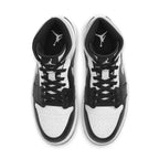 Air Jordan 1 Mid White Shadow shoes in black and white with classic Nike swoosh, top view.