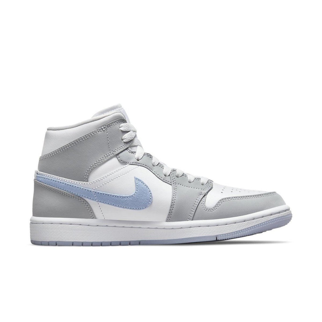 Jordan 1 Mid Wolf Grey Aluminum women's sneakers featuring grey suede and icy blue accents.