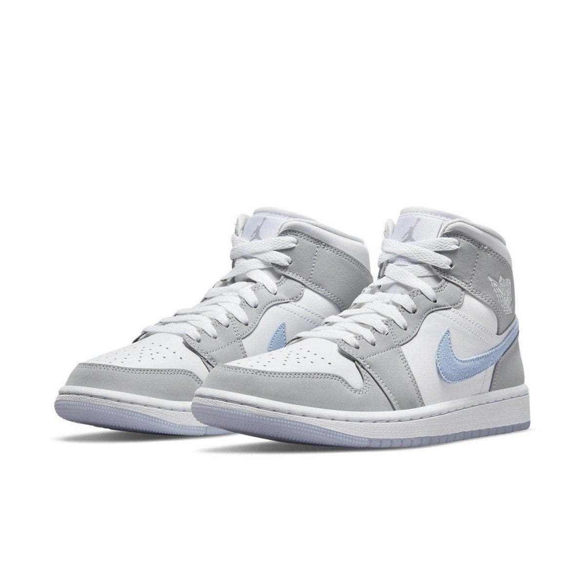 Jordan 1 Mid Wolf Grey Aluminum women's sneakers with grey suede and icy soles, featuring blue Swoosh.