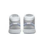 Jordan 1 Mid Wolf Grey Aluminum women's sneakers with grey suede and icy blue accents, viewed from the back.