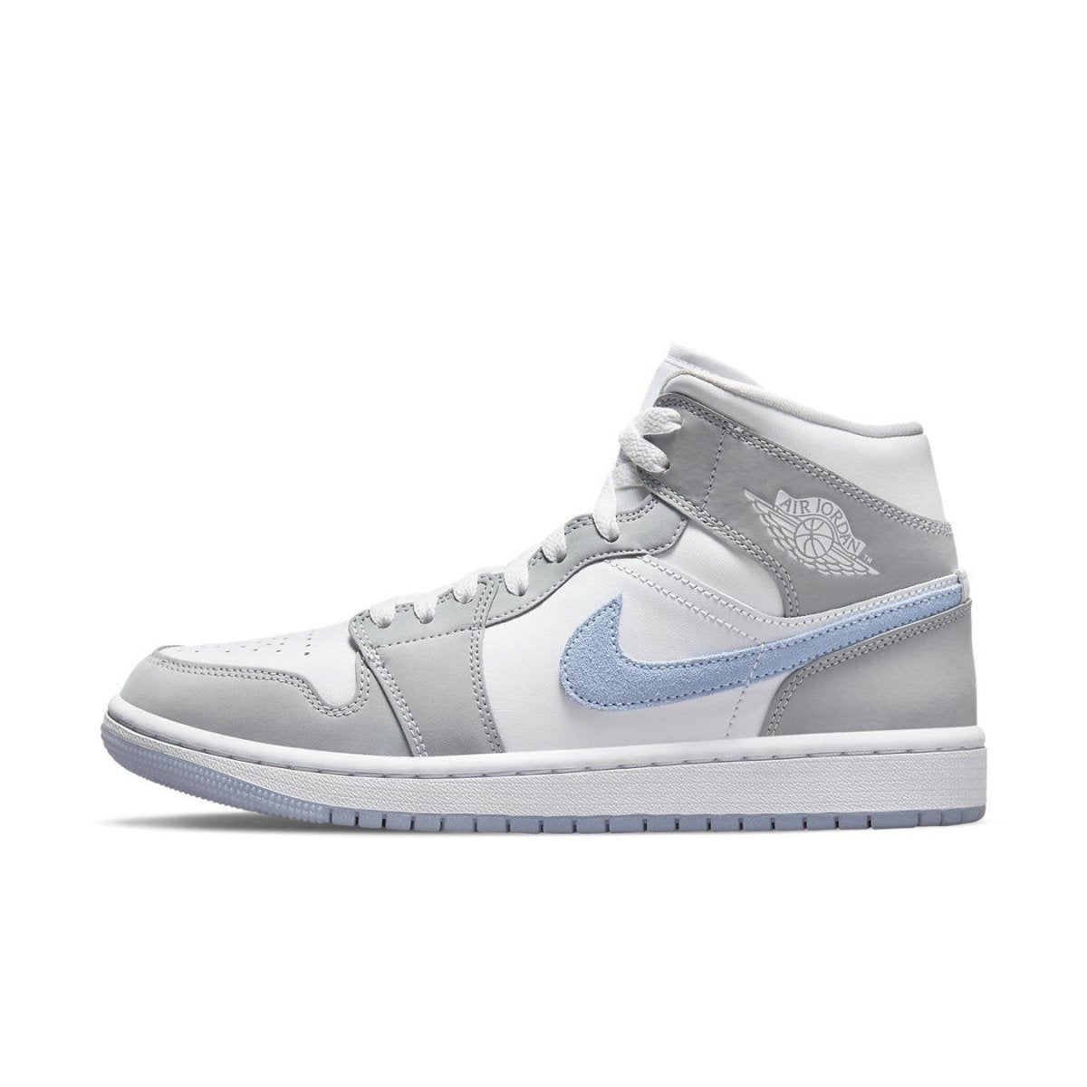 Jordan 1 Mid Wolf Grey Aluminum sneakers featuring gray suede, blue Swoosh, and icy soles.