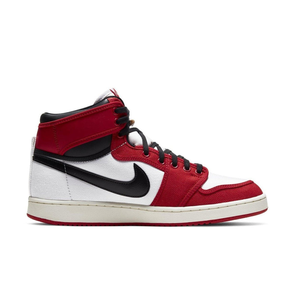 Nike Air Jordan 1 Retro AJKO Chicago 2021 in red and white with black details, showcasing a classic basketball sneaker design.