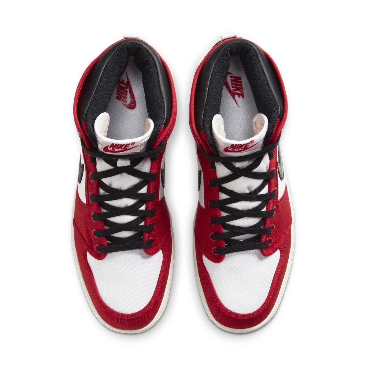 Top view of Air Jordan 1 Retro AJKO Chicago 2021 sneakers featuring red and white canvas design.