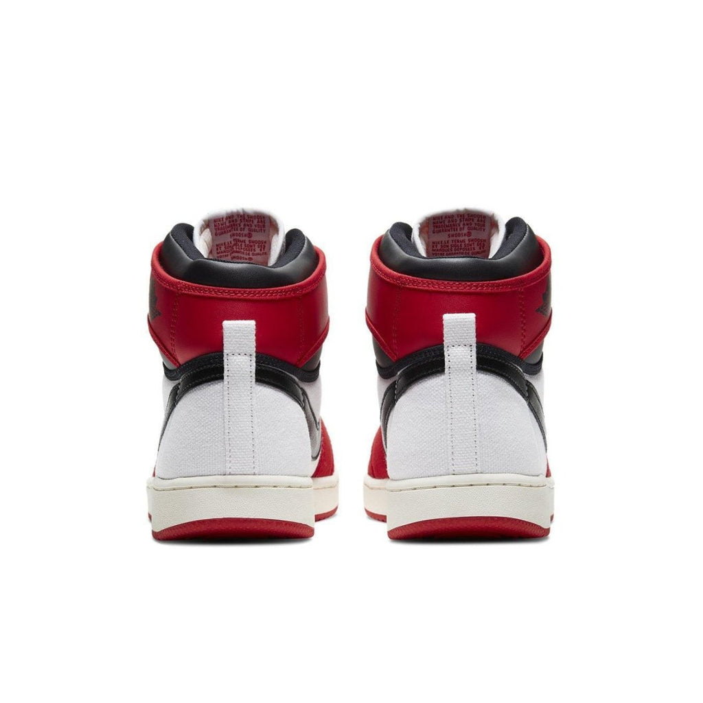 Back view of the Jordan 1 Retro AJKO Chicago 2021 sneakers featuring white, red, and black colorway.