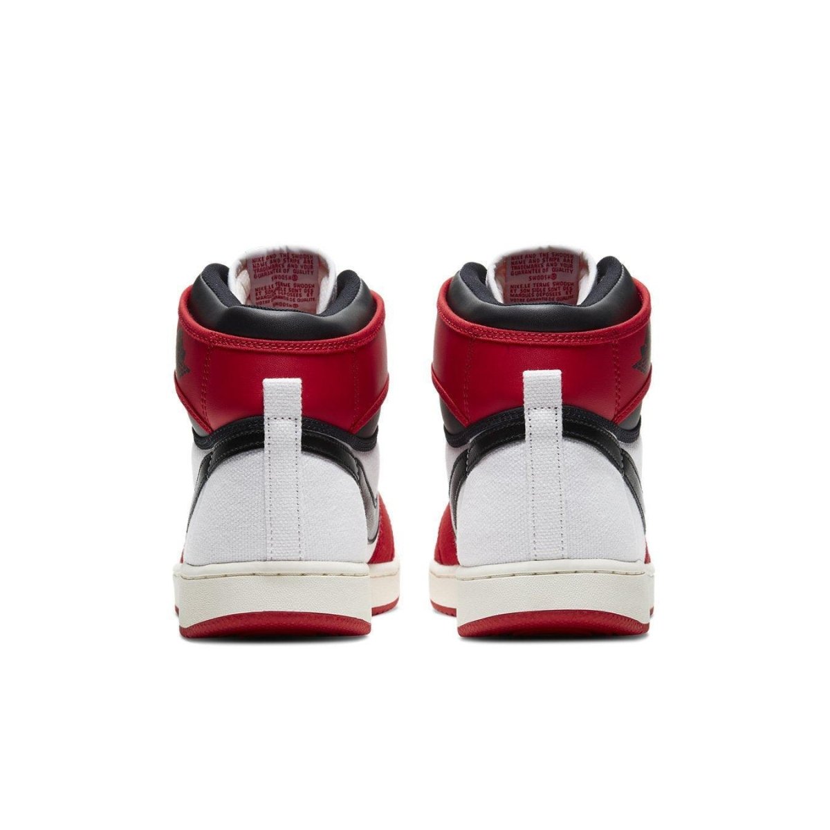 Back view of the Jordan 1 Retro AJKO Chicago 2021 sneakers featuring white, red, and black colorway.