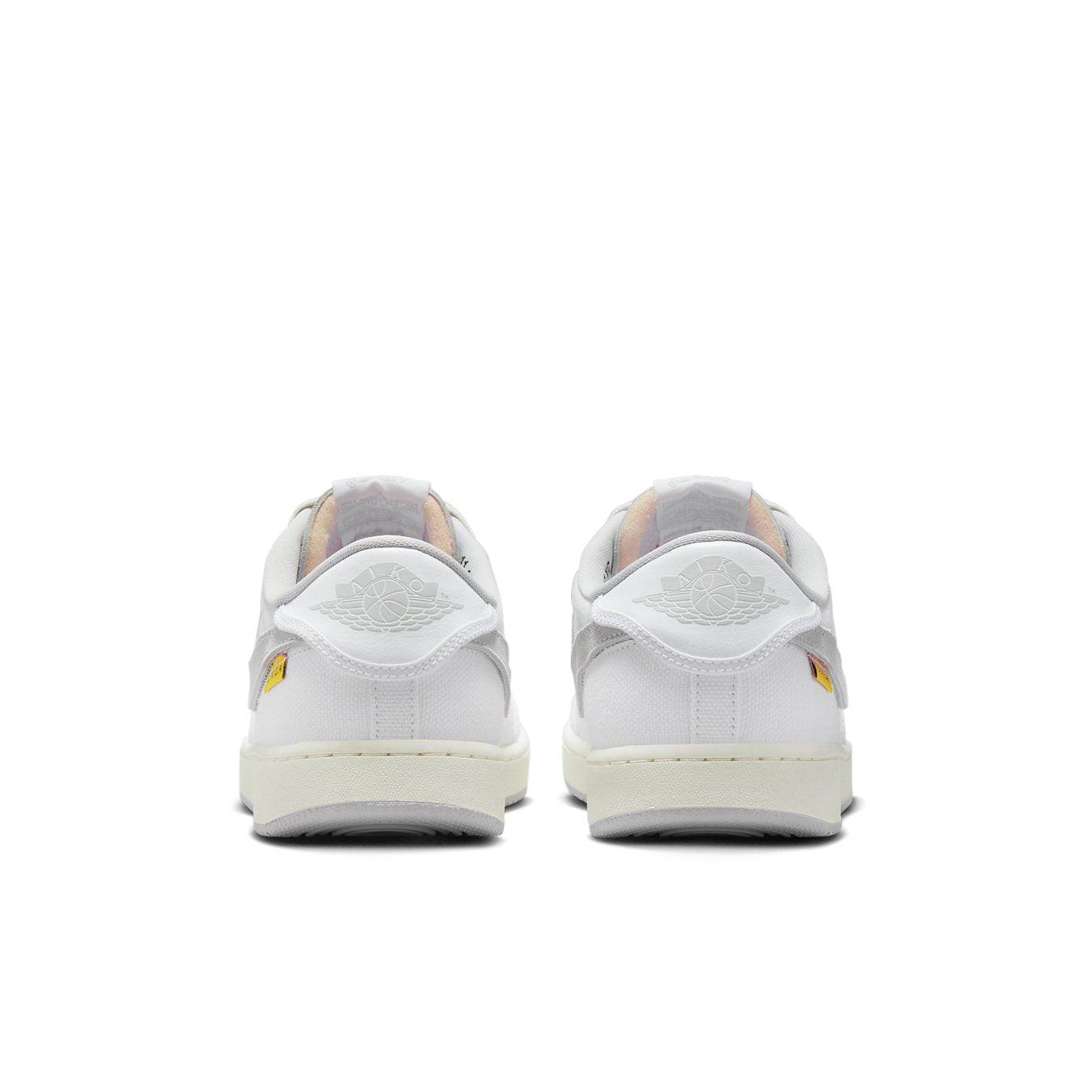Rear view of the Air Jordan 1 Retro AJKO Low SP Union in white and neutral grey with signature branding.
