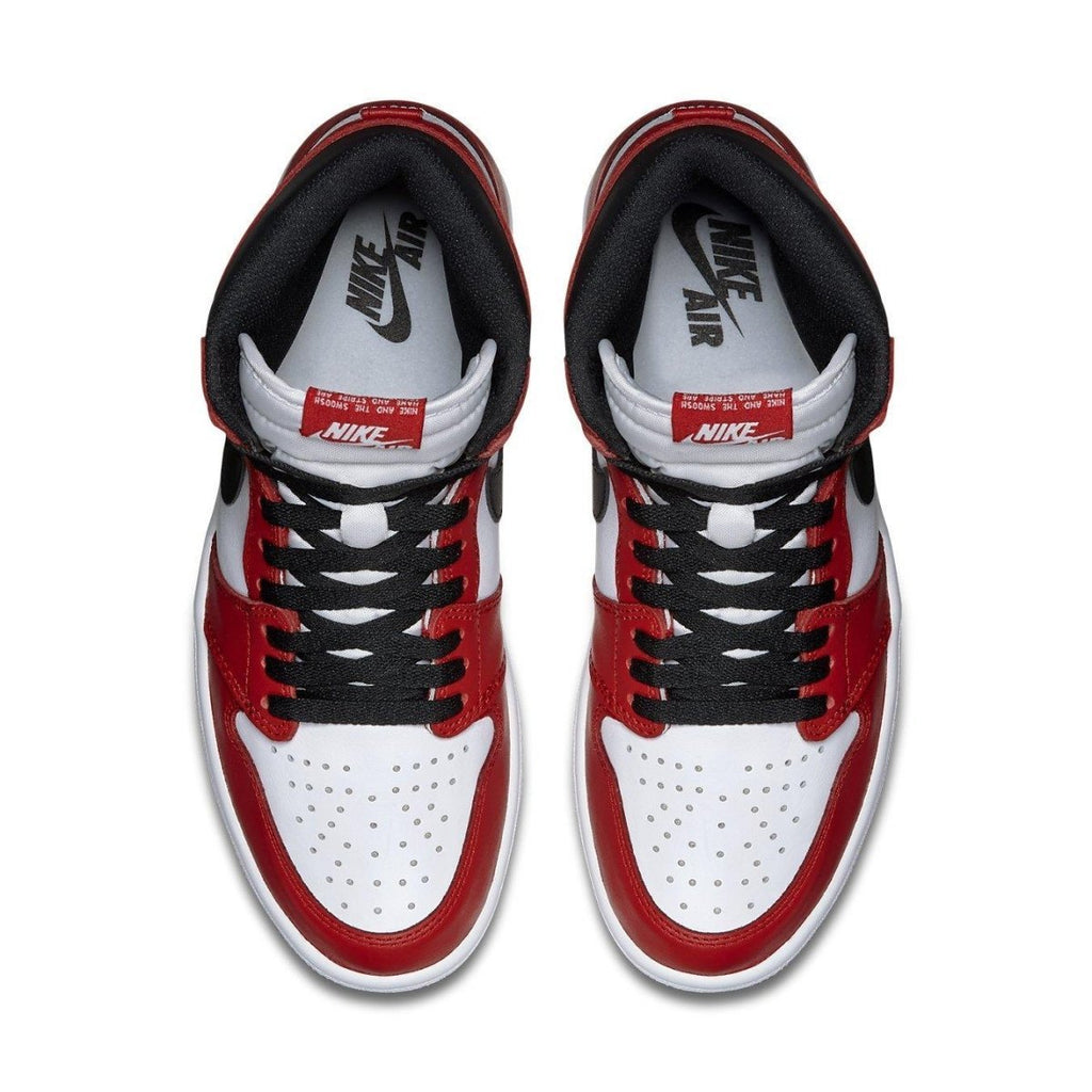 Top view of the Nike Air Jordan 1 Retro Chicago 2015 sneakers in red, white, and black colorway.
