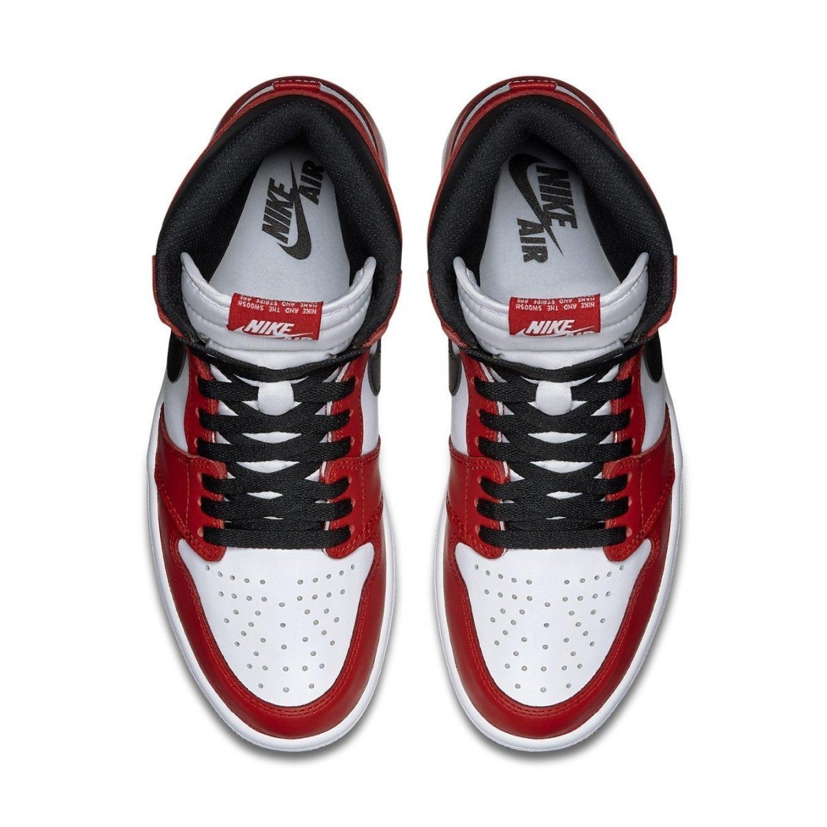 Top view of the Nike Air Jordan 1 Retro Chicago 2015 sneakers in red, white, and black colorway.