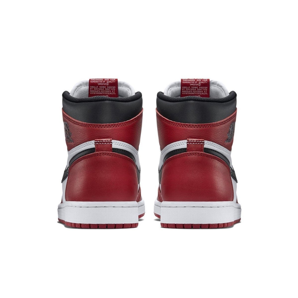 Back view of Air Jordan 1 Retro Chicago 2015 sneakers highlighting red, white, and black colorway.