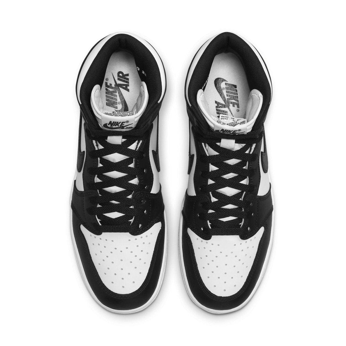 Top view of Nike Air Jordan 1 Retro High 85 Black White sneakers, showcasing black and white leather design.