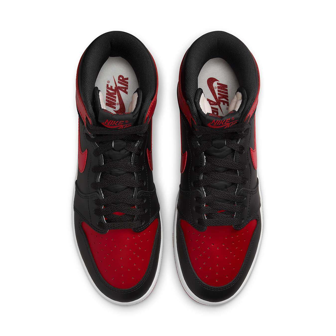 Top view of the Jordan 1 Retro High '85 OG Bred (2025) sneakers in black and red colorway with Nike Air branding.