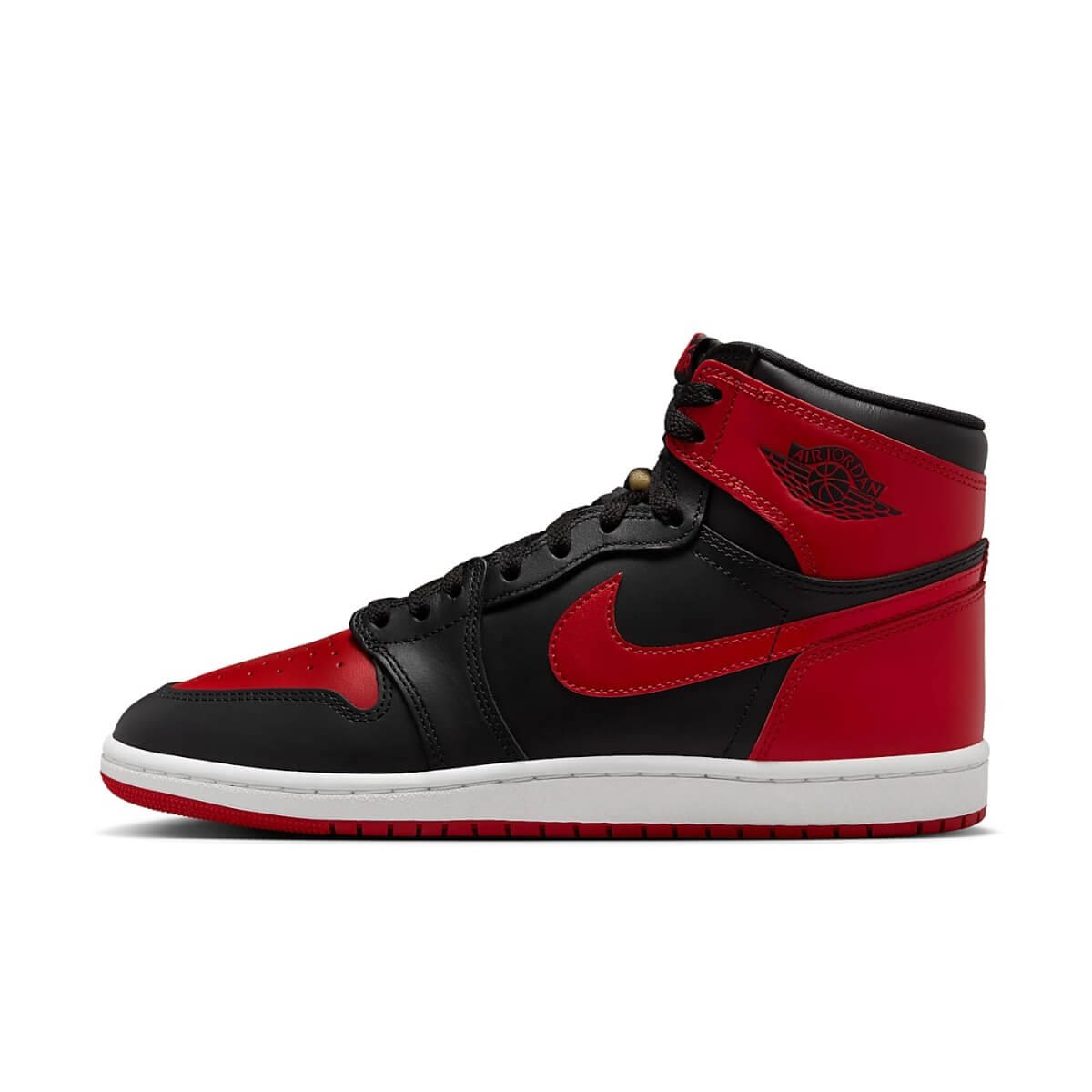 Jordan 1 Retro High '85 OG Bred (2025) featuring black and red colorway, classic high-top design with white sole.