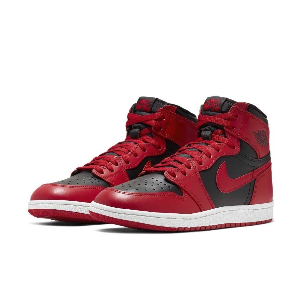 Air Jordan 1 Retro High 85 Varsity Red showcasing black and University Red leather design with a white midsole.
