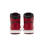 Retro Air Jordan 1 High 85 Varsity Red shoes, showcasing the back view and classic red and black colorway.
