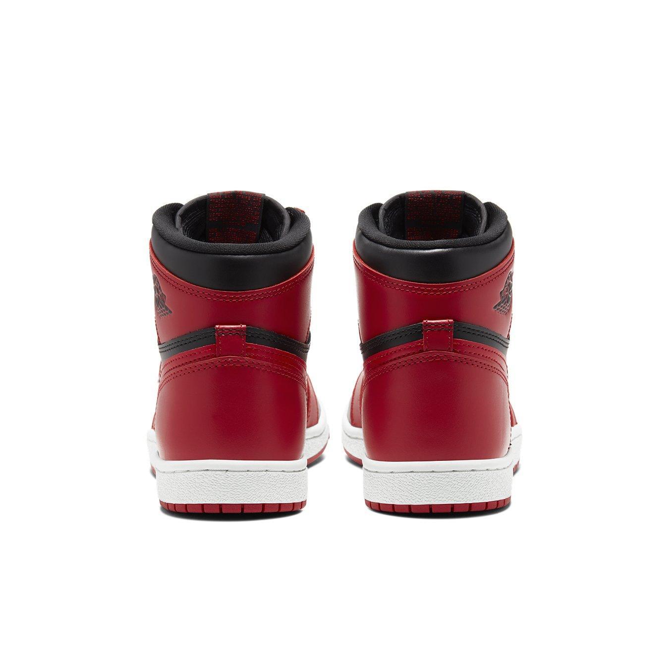 Retro Air Jordan 1 High 85 Varsity Red shoes, showcasing the back view and classic red and black colorway.