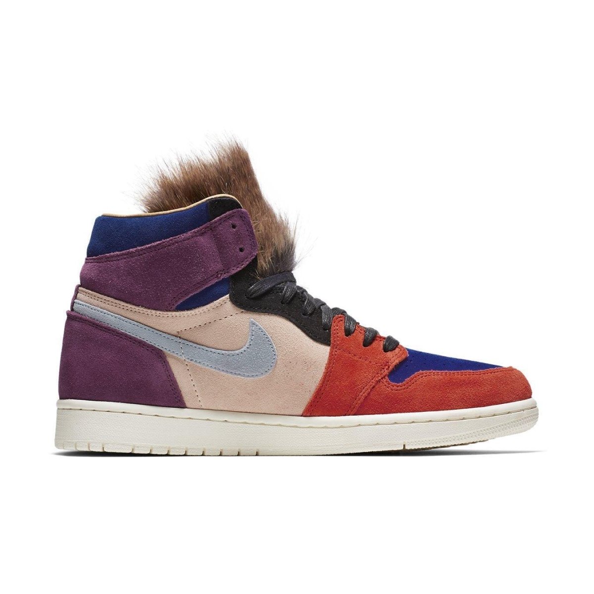 Air Jordan 1 Retro High Aleali May in multi-color suede with unique fur accents and lace details.
