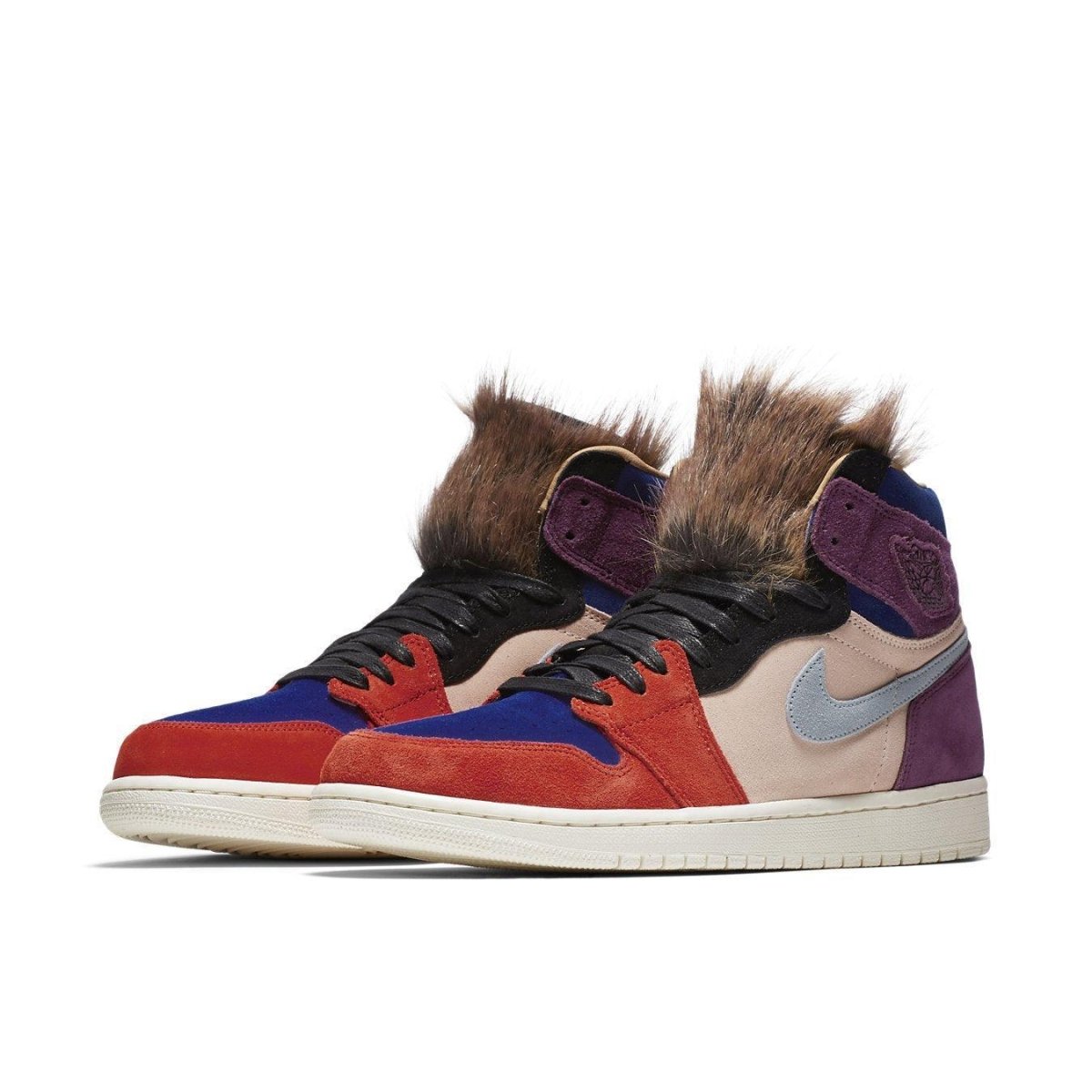 Jordan 1 Retro High Aleali May Court Luxe sneakers in multicolor suede with unique fur detail.