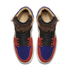 Top view of Jordan 1 Retro High Aleali May Court Luxe sneakers in blue, red, and black with fur detailing.