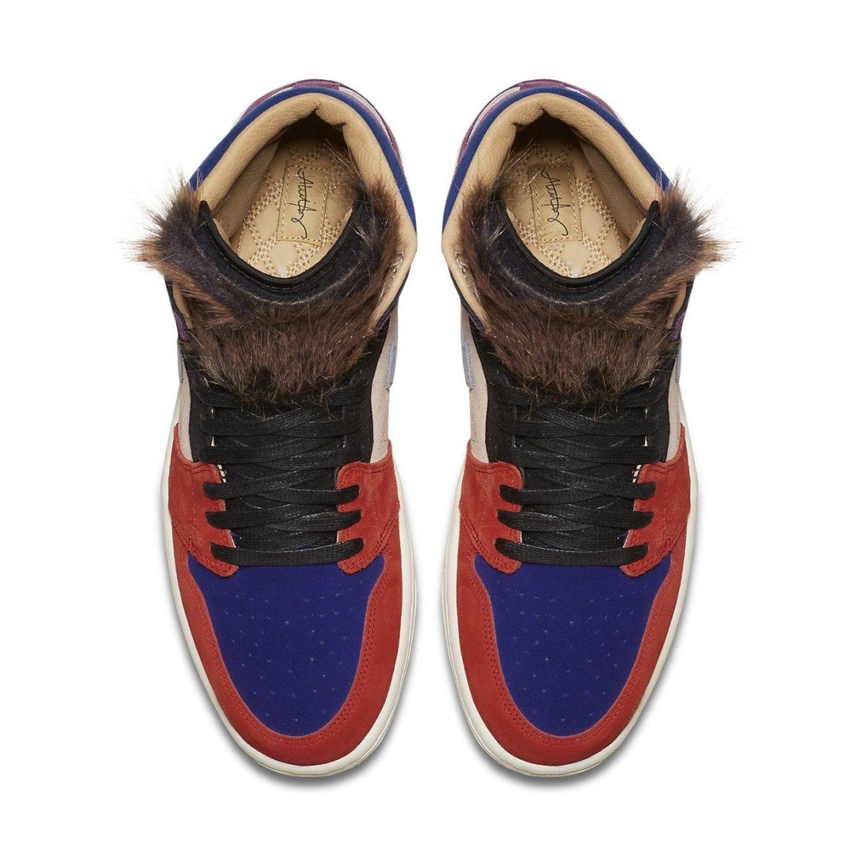 Top view of Jordan 1 Retro High Aleali May Court Luxe sneakers in blue, red, and black with fur detailing.