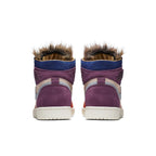 Back view of Jordan 1 Retro High Aleali May Court Luxe in vibrant colors with fur collar detailing.