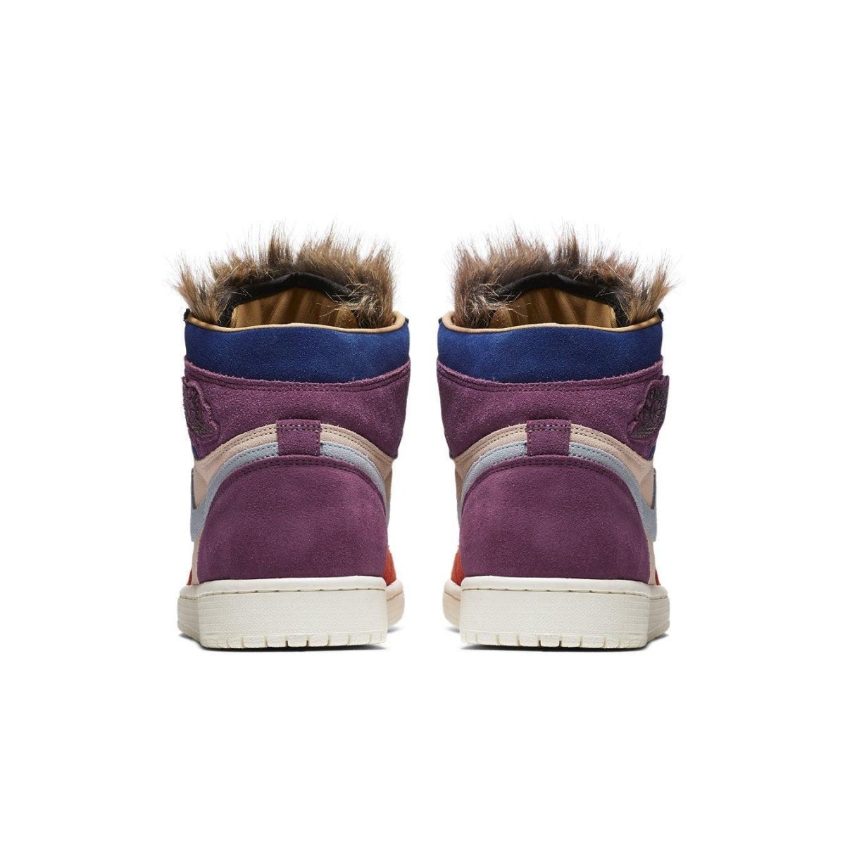 Back view of Jordan 1 Retro High Aleali May Court Luxe in vibrant colors with fur collar detailing.