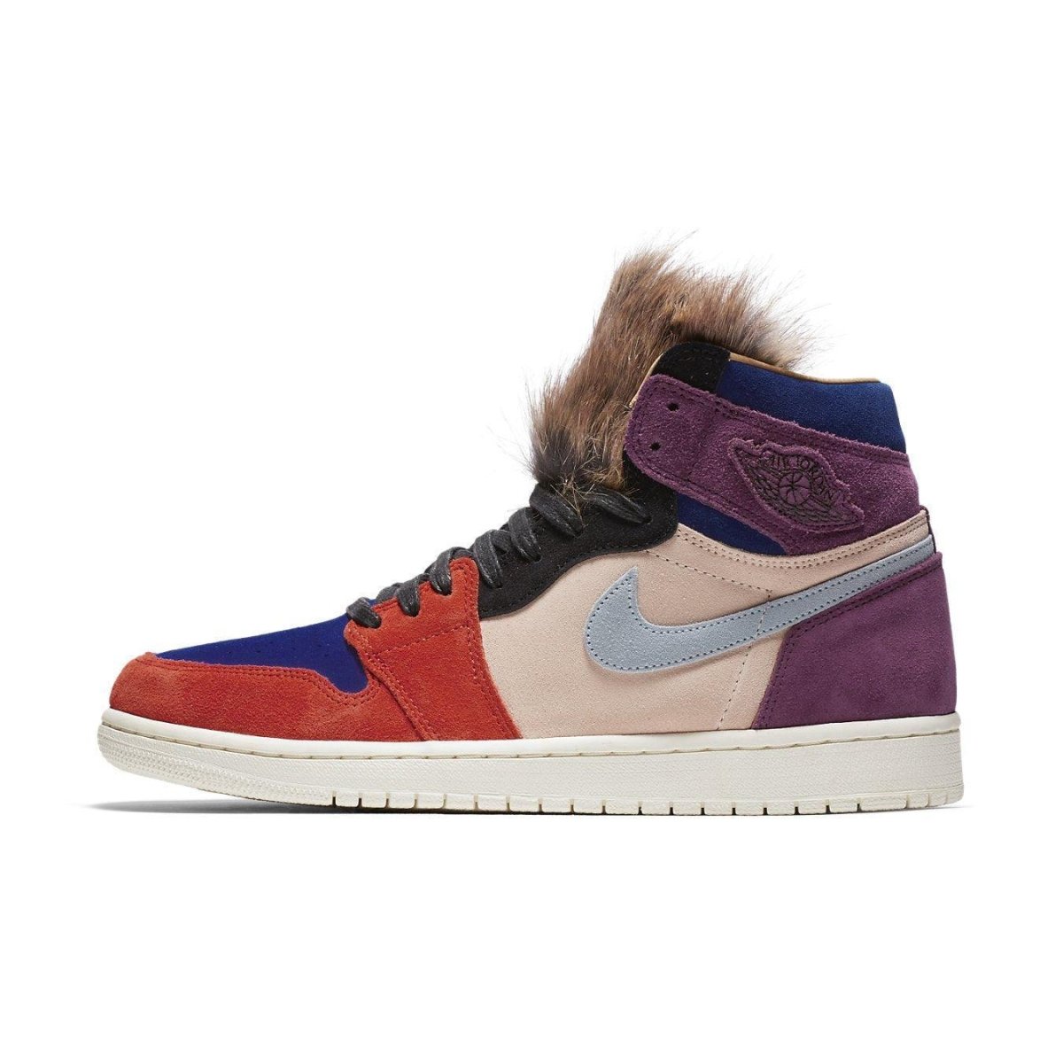 Jordan 1 Retro High Aleali May Court Luxe Women's sneaker in multicolor suede with unique design elements.