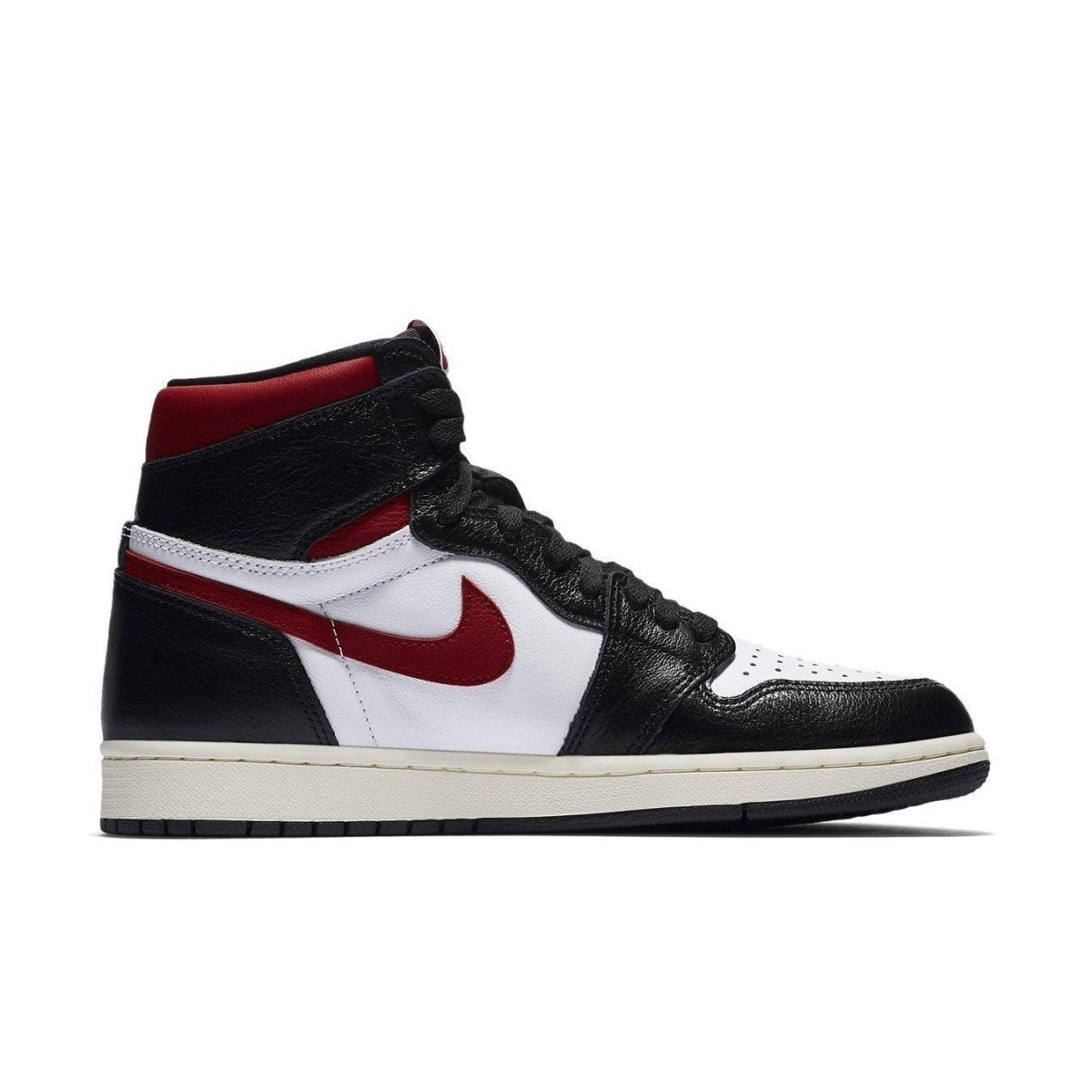 Nike Air Jordan 1 Retro High in black and gym red with white accents, showcasing a classic basketball sneaker design.