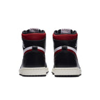 Air Jordan 1 Retro High Black Gym Red shoes, showcasing the back view with black and red colorway.
