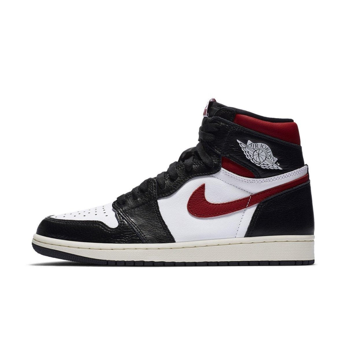 Jordan 1 Retro High in black and gym red, featuring classic silhouette and iconic Nike branding.