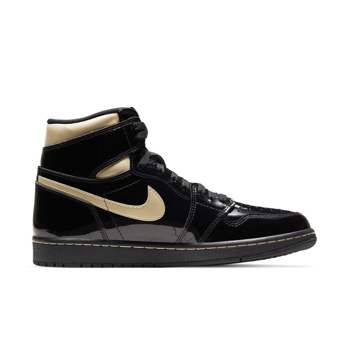 Nike Air Jordan 1 Retro High Black Metallic Gold sneaker in black patent leather with gold accents.