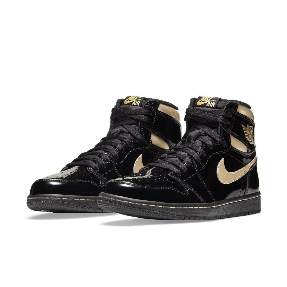 Jordan 1 Retro High Black Metallic Gold sneakers with glossy black and gold accents.