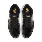 Air Jordan 1 Retro High Black Metallic Gold 2020 top view, featuring black patent leather and metallic gold accents.