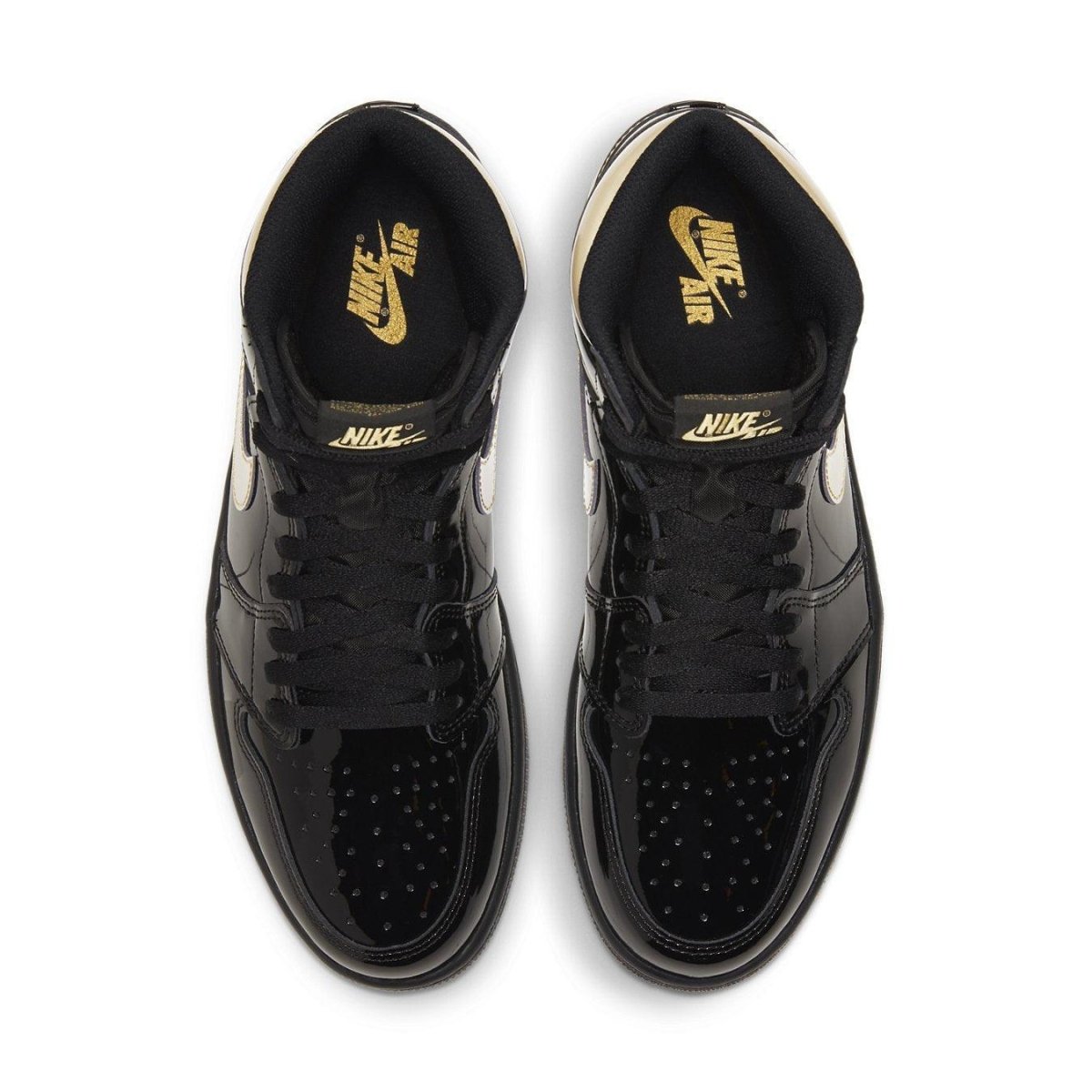 Air Jordan 1 Retro High Black Metallic Gold 2020 top view, featuring black patent leather and metallic gold accents.