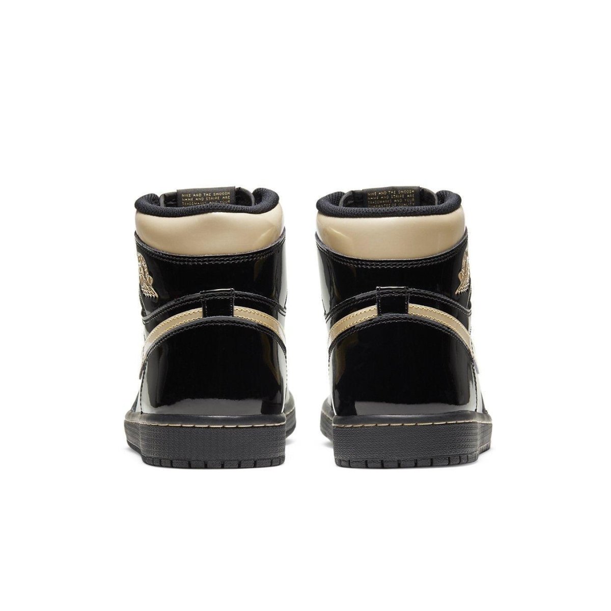Back view of Jordan 1 Retro High Black Metallic Gold shoes showcasing patent leather and gold accents.